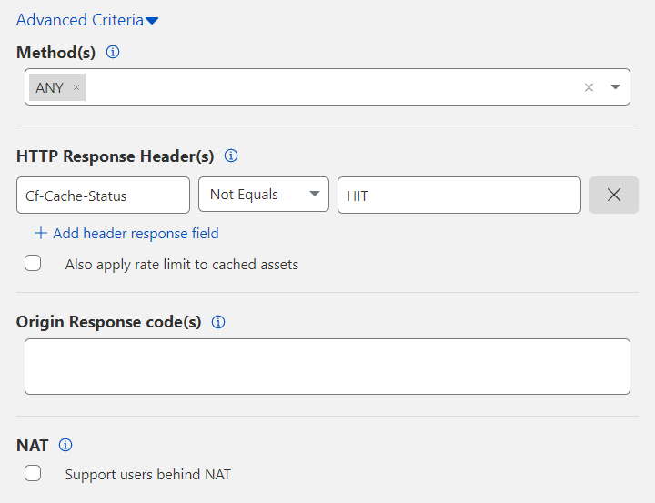 Campos disponibles al configurar Criterios avanzados para una regla de limitación de velocidad.