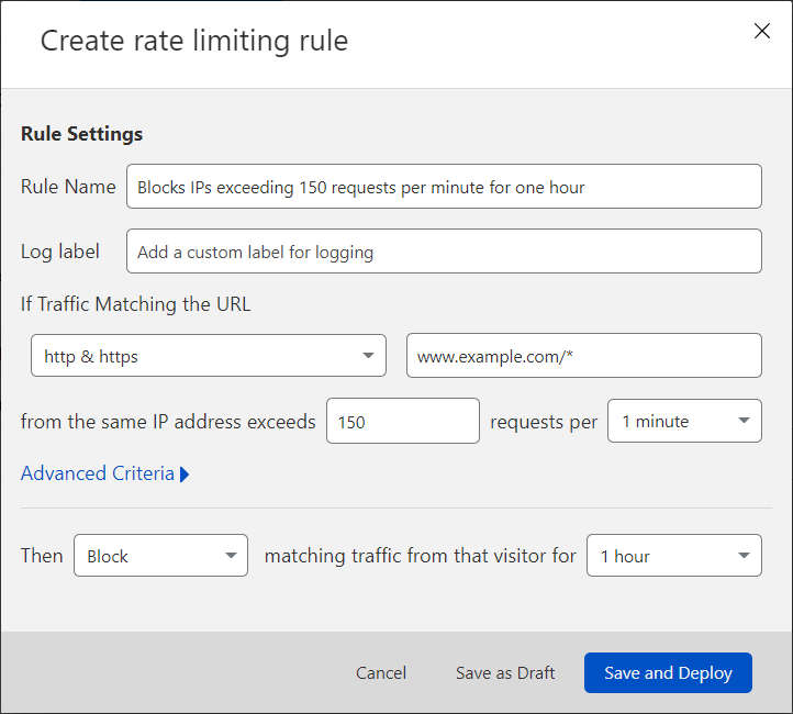 Boîte de dialogue contextuelle de création d&rsquo;une règle Rate Limiting avec un exemple de configuration de règle. La règle bloquera les requêtes provenant d&rsquo;adresses IP qui dépassent les 150 requêtes par minute pendant une heure.