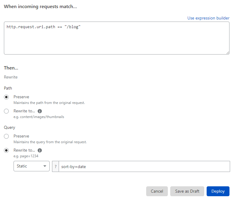 Rewrite URL rule configuration to perform a static query rewrite according to the blog example described in the page.