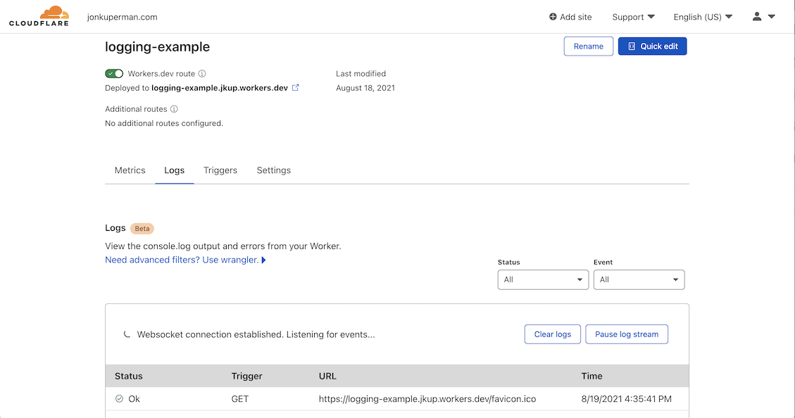 Cloudflare dashboard showing logs for a Worker named logging-example